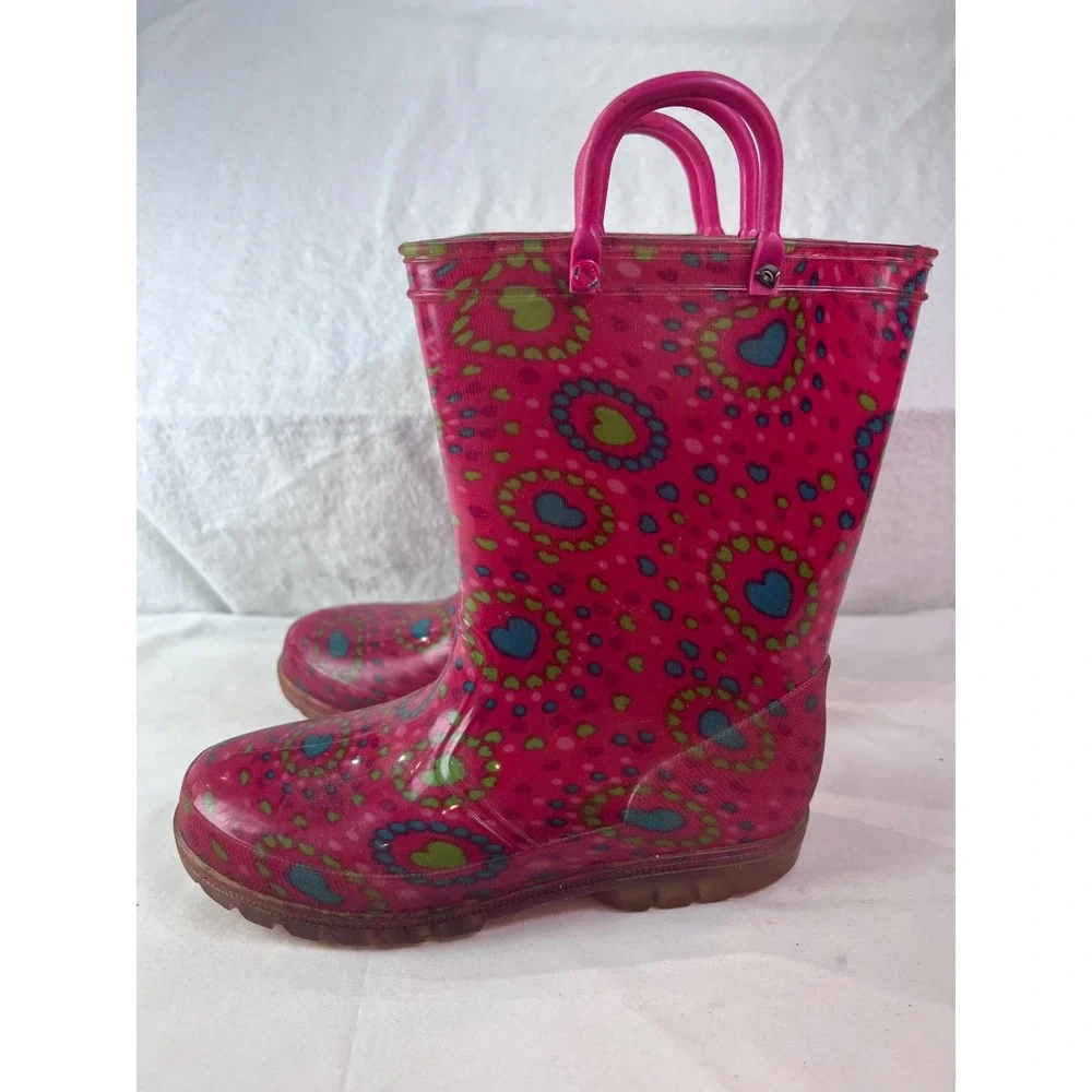 Pink Heart Print Rain Boots Kids Size 13-1 Waterproof Pull On Rubber GMWN48DP012